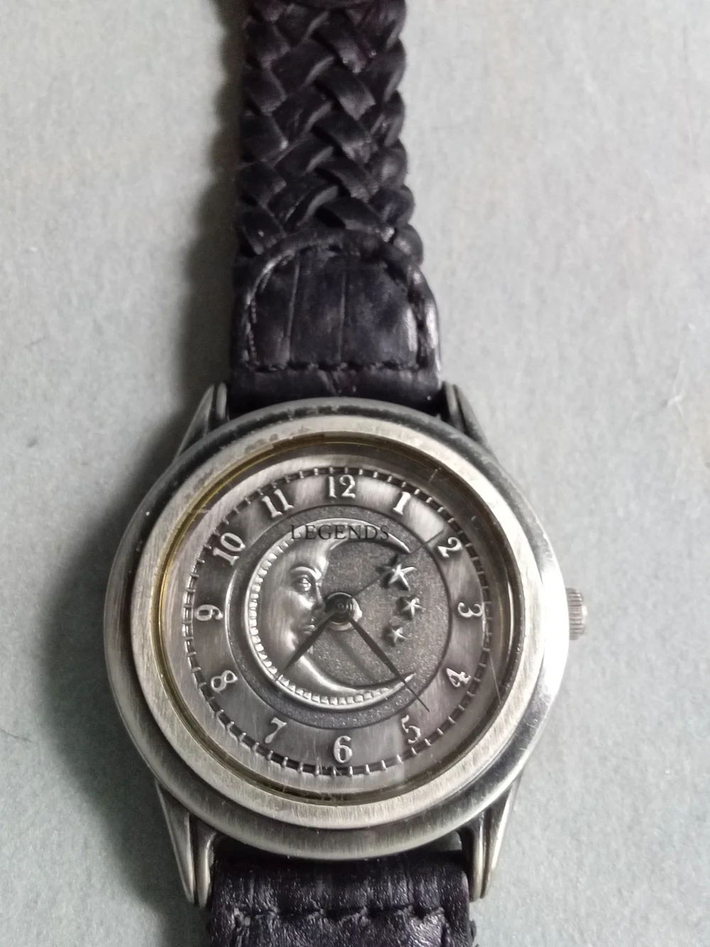 Legends Celestial Moon Face‎ Watch Silver Tone Braided Leather Strap 84-315